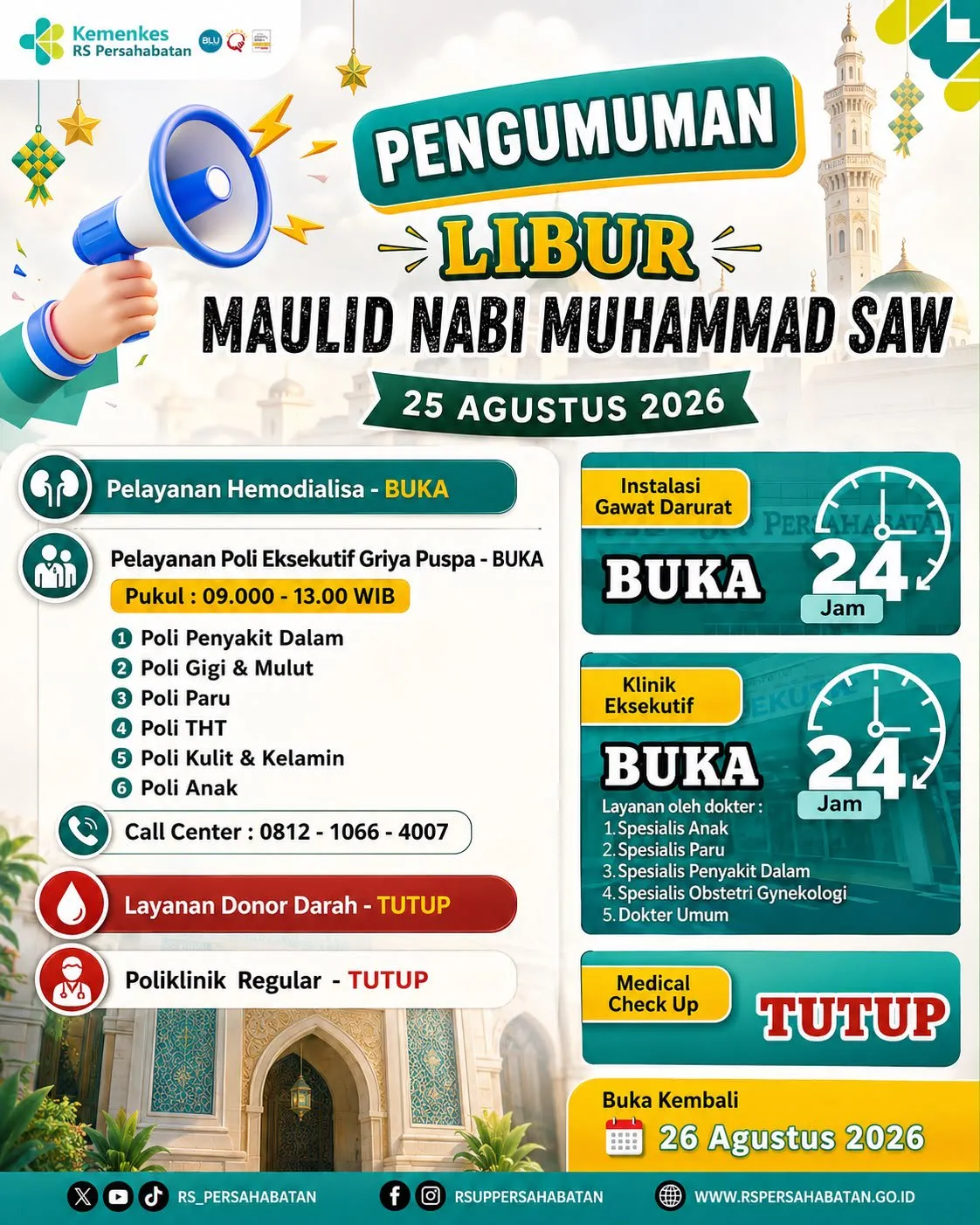 Pengumuman Pelayanan Libur Maulid Nabi Muhammad di RSUP Persahabatan 