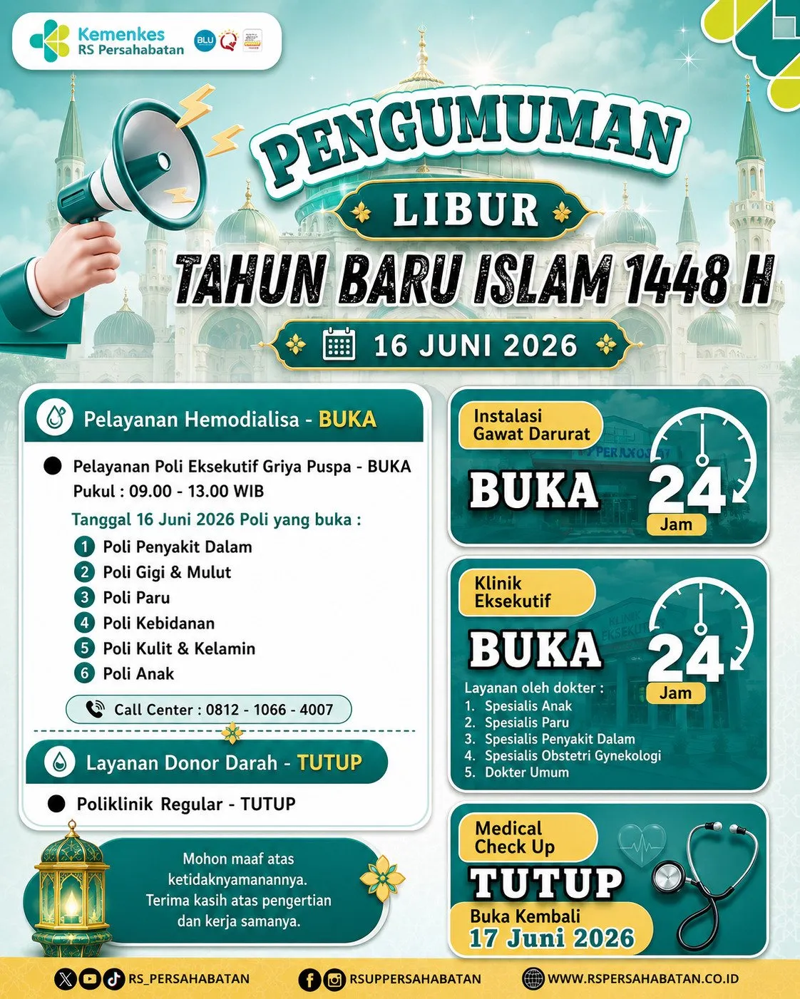 Pengumuman Pelayanan Libur Tahun Baru Islam 1448 H di RSUP Persahabatan 